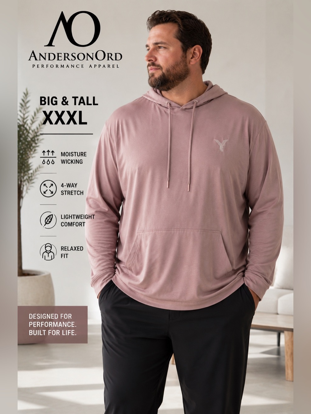 AndersonOrd Performance Hoodie Men’s XXXL Dusty Pink Stretch Pullover Pocket